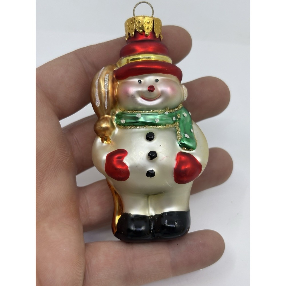 Christmas Snowman Hand Crafted Glass Broom Hat Ornament Read*